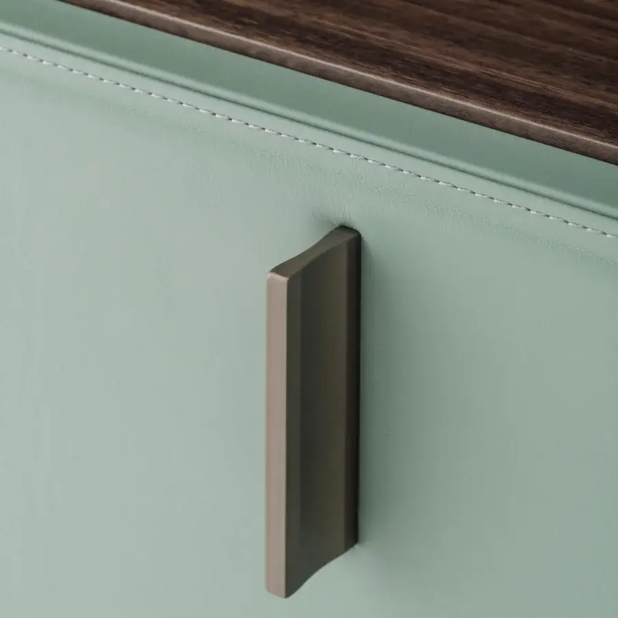 Elegant Turri Vendome nightstand with heat-treated Eucalyptus wood and light greenish-blue leather drawer with metallic handle