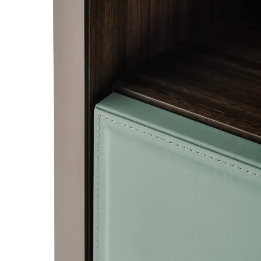 Superior Turri Vendome nightstand with heat-treated Eucalyptus wood and light greenish-blue leather-covered drawer