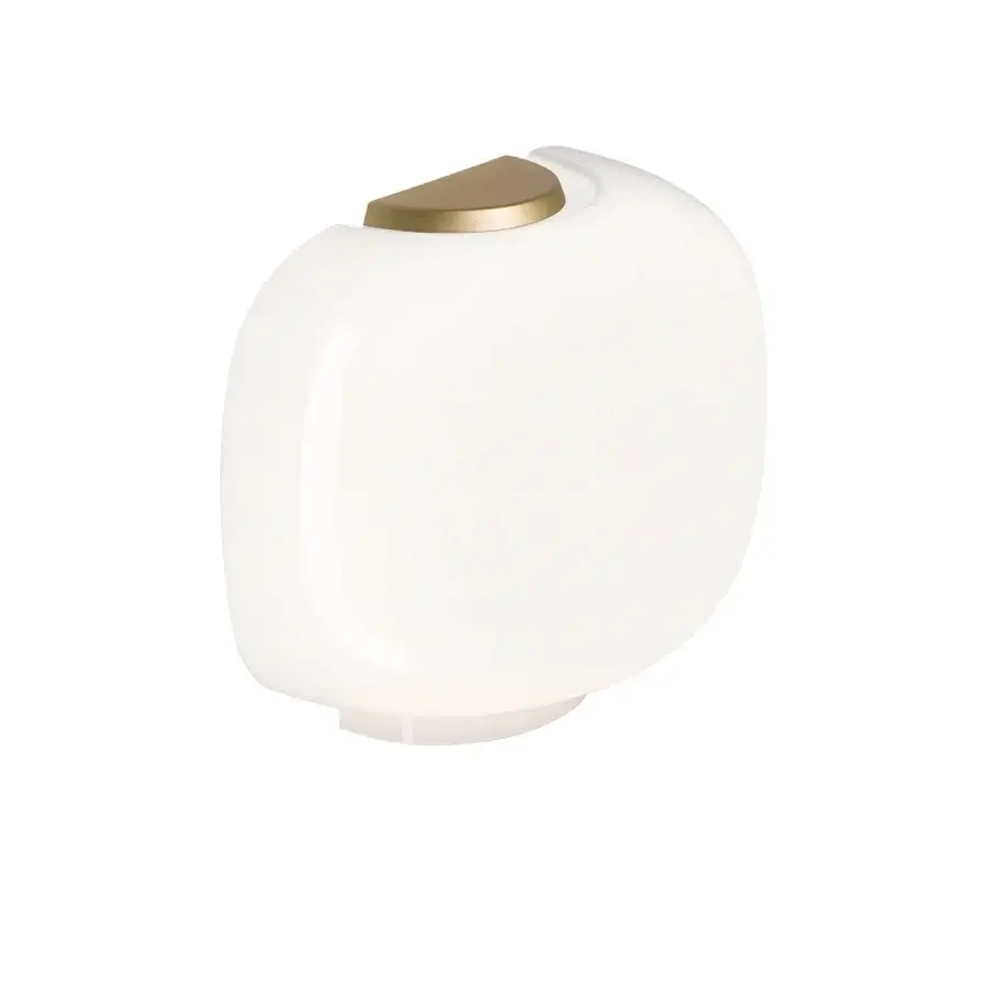 Elegant Foscarini Chouchin Semi wall lamp with hand-blown cased glass diffuser and glossy white finish complemented by gold-toned accents