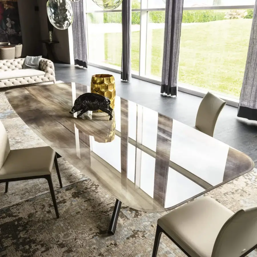 Exceptional Cattelan Italia Planer CrystalArt table with neutral marbled glass top and sleek dark metal base