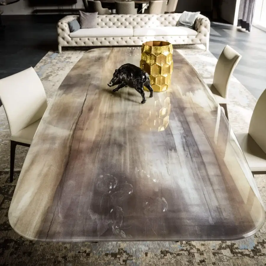Lavish Cattelan Italia Planer CrystalArt table with cloudy glass top showcasing beige, brown, grey, and white hues in a satin finish