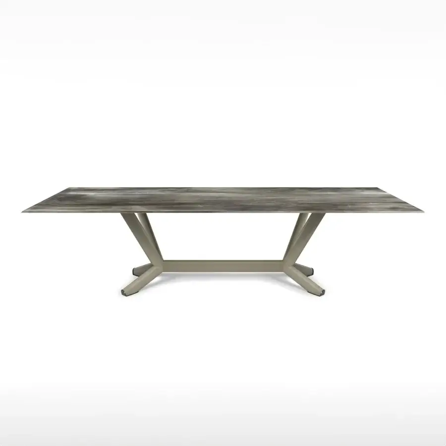 Distinguished Cattelan Italia Planer Wood table with grey-brown wood-like composite tabletop and muted tan matte steel X base