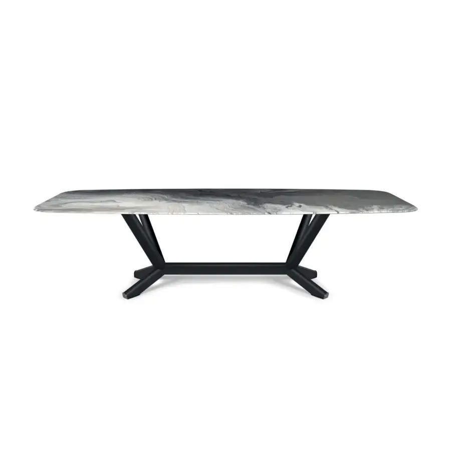 Superior Cattelan Italia Planer CrystalArt table with swirling grays, whites, and blacks glass top and dark angular steel base