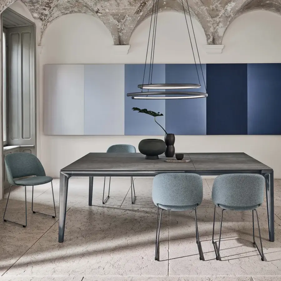 Elegant Bontempi Duke Square table crafted in Italy with matte gray surfaces and sleek metal frame legs