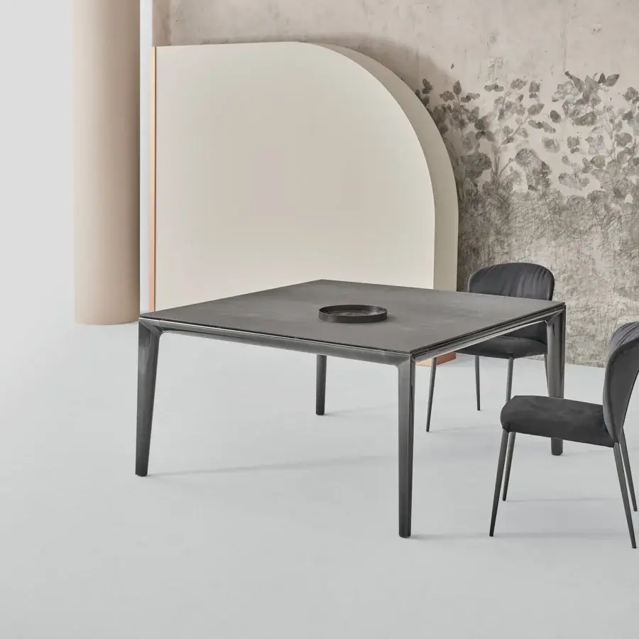 Elegant Bontempi Duke Square table with dark grey matte finish embodies contemporary geometries and an intuitive opening mechanism