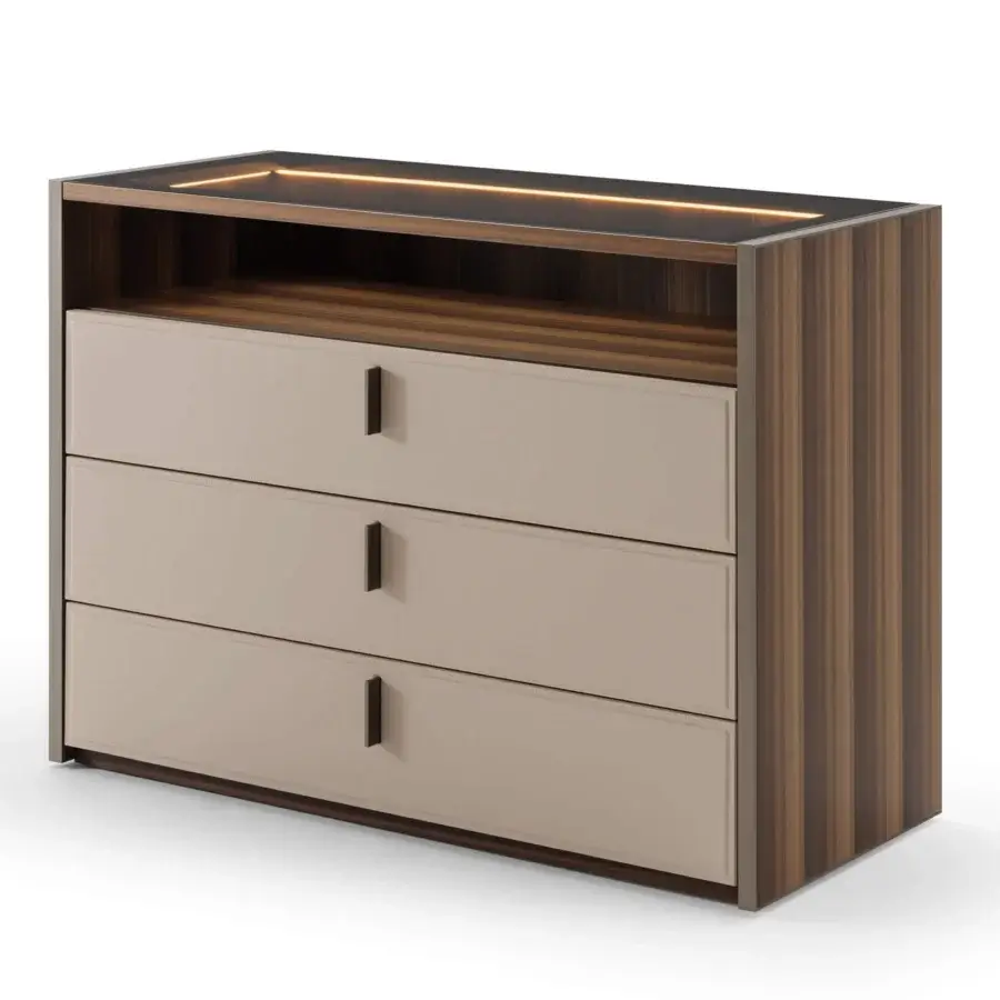Distinguished Turri Vendome dresser with Eucalyptus wood and glass, showcasing matte light beige drawer fronts and warm brown finish