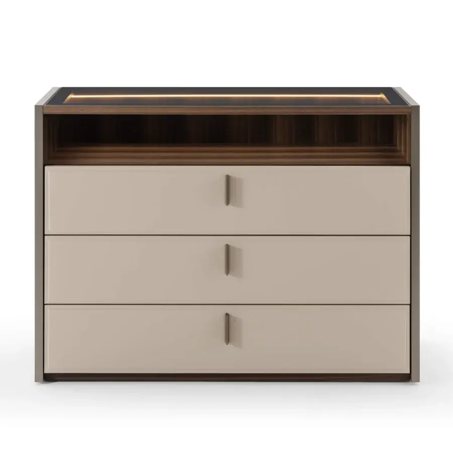 Elegant Turri Vendome dresser with thermo-treated Eucalyptus wood, light beige matte drawers and an illuminated glass top
