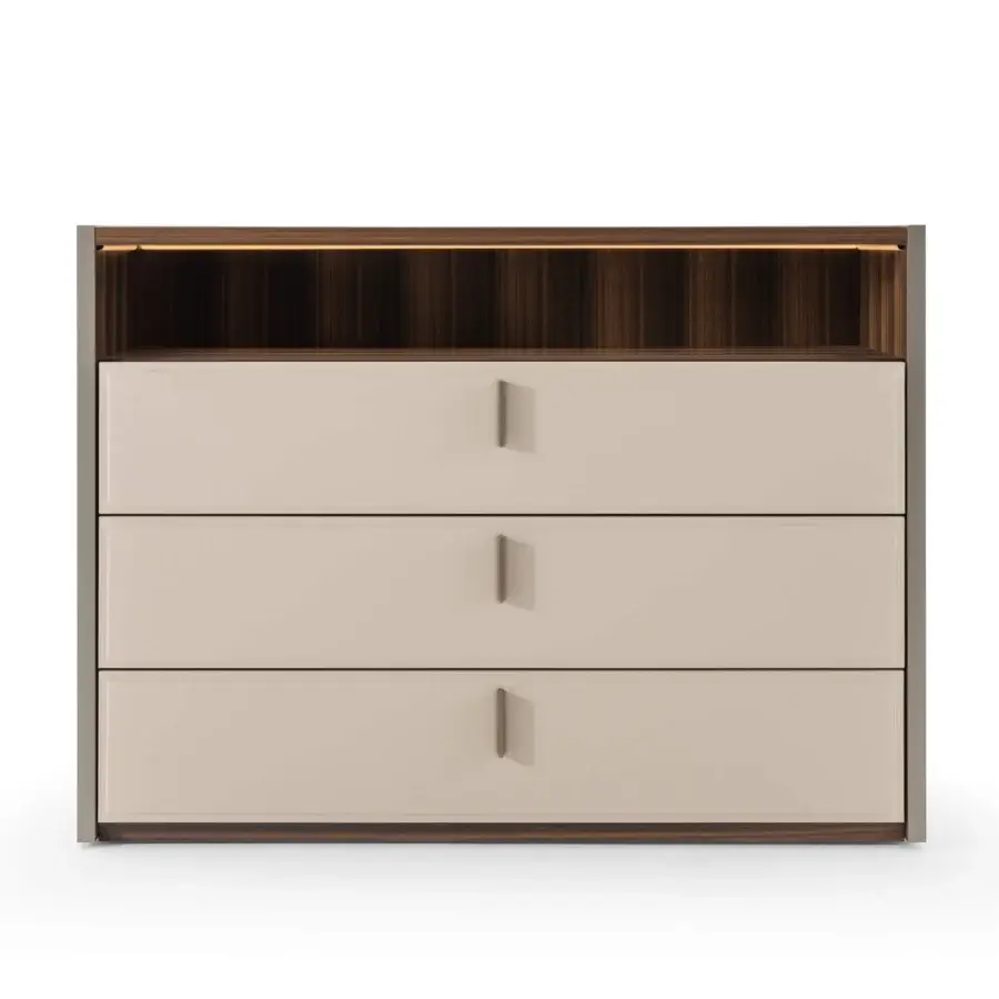 Distinguished Turri Vendome dresser with thermo-treated Eucalyptus wood, glass top, and light beige finish contrasted by dark brown sections