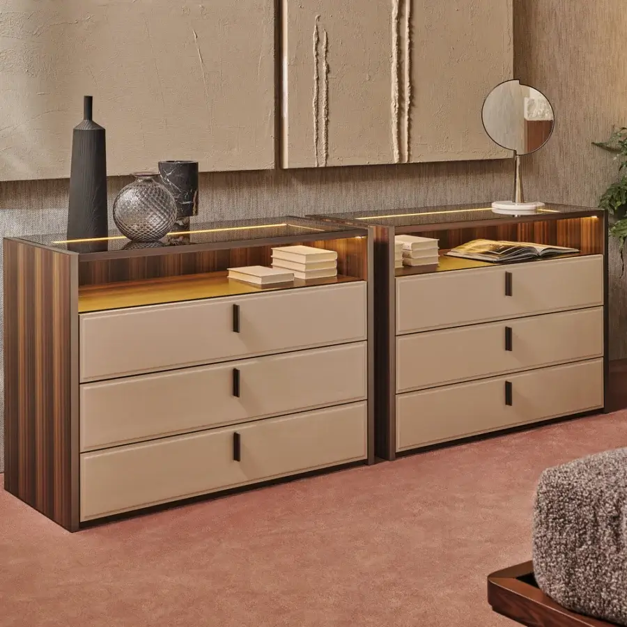 Elegant Turri Vendome dresser crafted with Eucalyptus or walnut wood, matte drawer fronts and integrated lighting