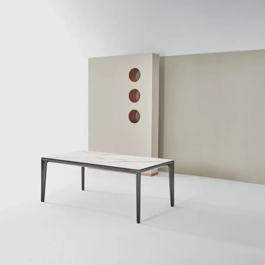 Elegant Bontempi Duke table with marble-like tabletop and dark metal frame built with a wood band