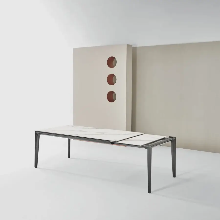 Superior Bontempi Duke table with marble-effect tabletop and dark gray metal frame built for contemporary living environments