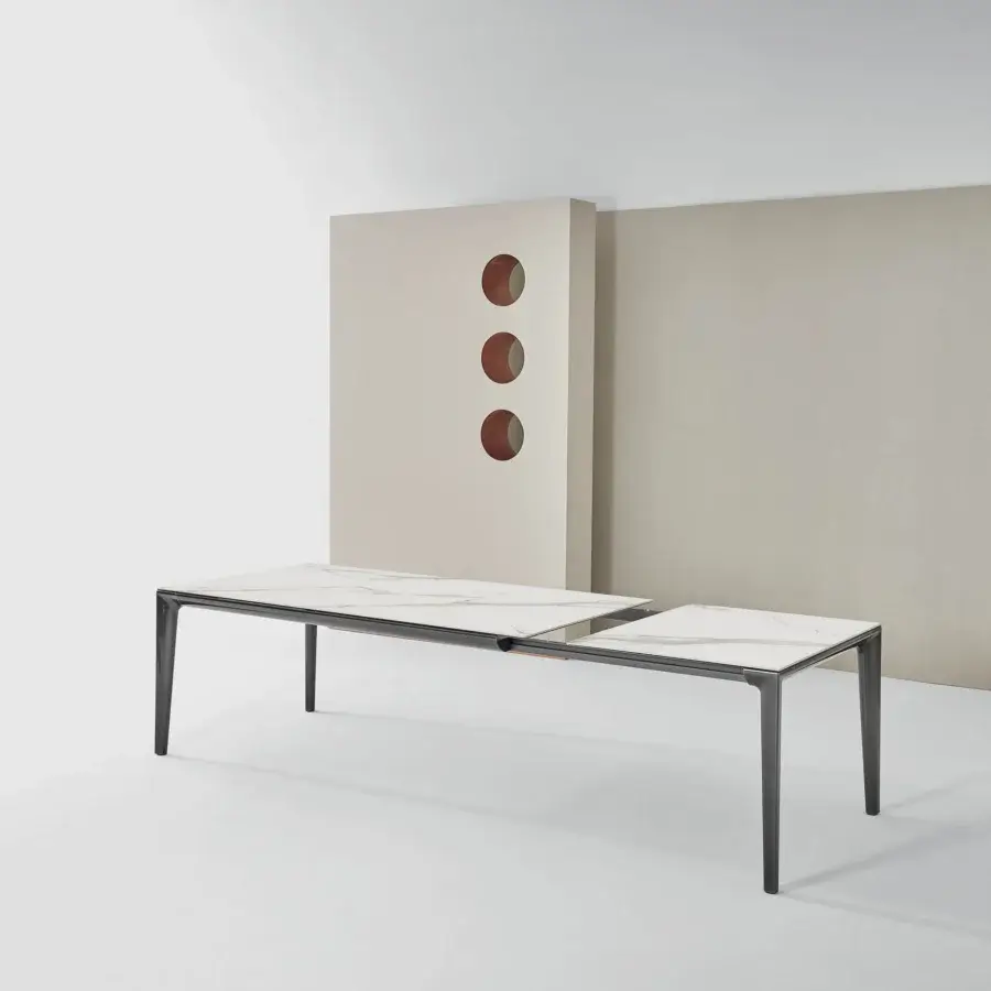 Superior Bontempi Duke table boasts a white marble-effect tabletop with grey veining and a dark metal frame crafted in Italy