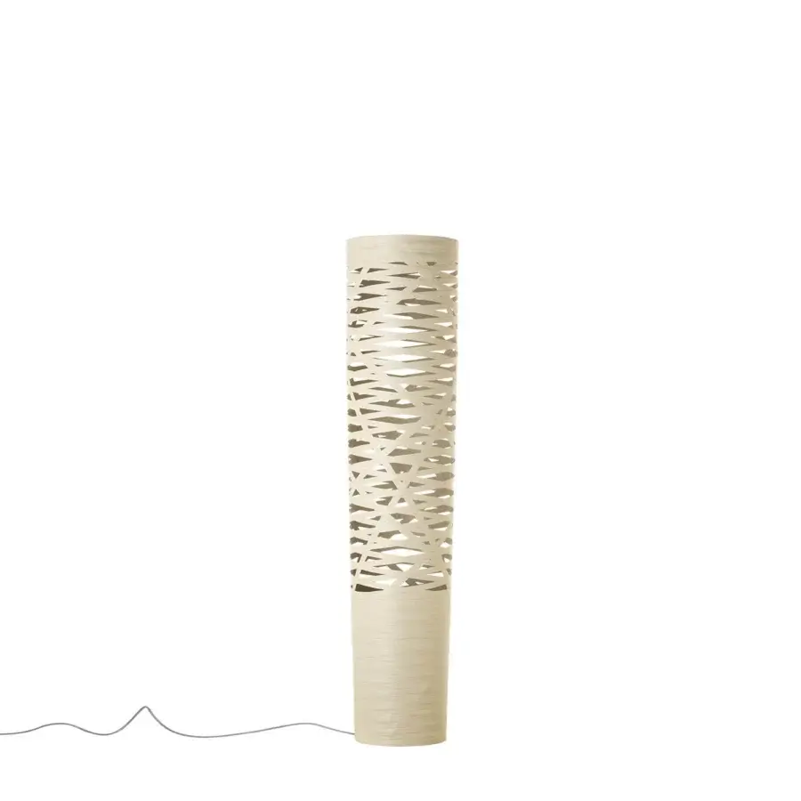 Captivating Foscarini Tress floor lamp presents a woven shade crafted in light beige composite material with epoxy powder coating