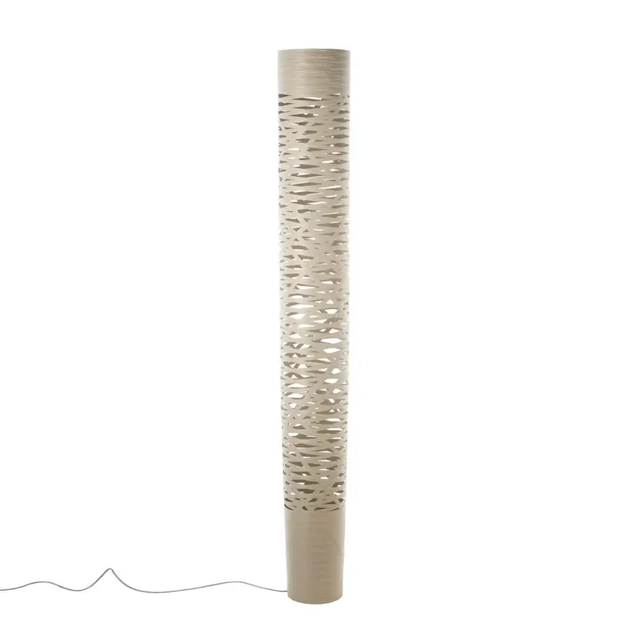Distinguished Foscarini Tress floor lamp with horizontally-oriented cutouts in beige fiberglass composite and epoxy powder coating