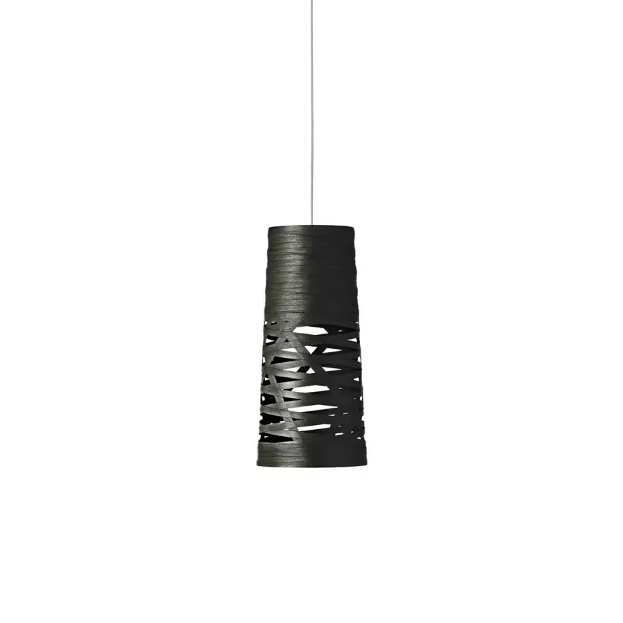 Distinguished Foscarini Tress suspension lamp crafted in woven fiberglass-based composite with a dark matte finish