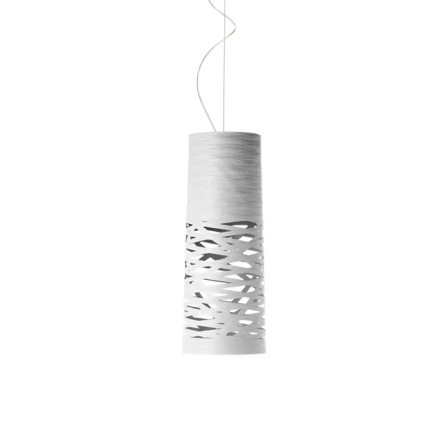 Exceptional Foscarini Tress suspension lamp crafted in fiberglass with interwoven tape and a sleek matte white liquid coating