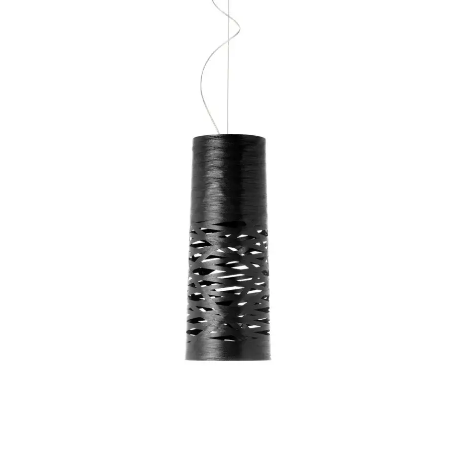 Superior Foscarini Tress suspension lamp crafted in fiberglass composite with a sleek black finish and woven texture
