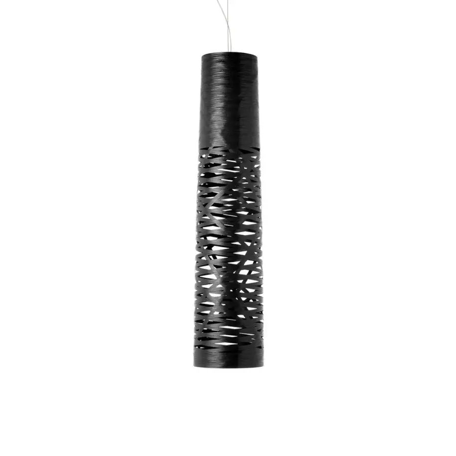 Exceptional Foscarini Tress suspension lamp crafted in black fiberglass-based composite with interwoven patterns and a matte finish