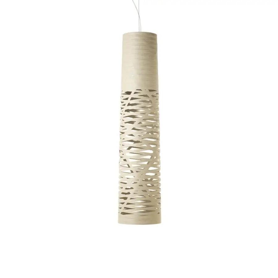 Captivating Foscarini Tress suspension lamp crafted in beige fiberglass-based composite with liquid coated interwoven cutouts