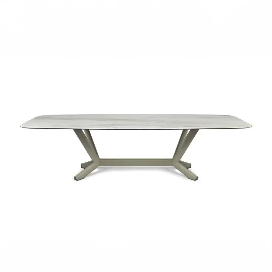 Elegant Cattelan Italia Planer table with light marbled ceramic top and muted grayish-brown painted steel x-shaped base