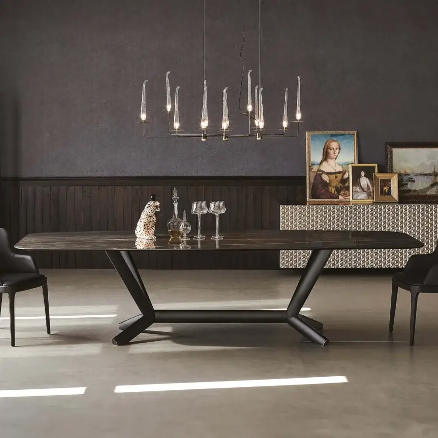 Exceptional Cattelan Italia Planer table with geometric dark steel base and glossy marbled ceramic top