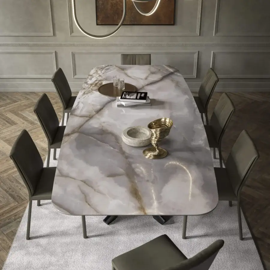 Superior Cattelan Italia Planer table with ceramic top displaying light grays, whites and gold veining with a glossy finish