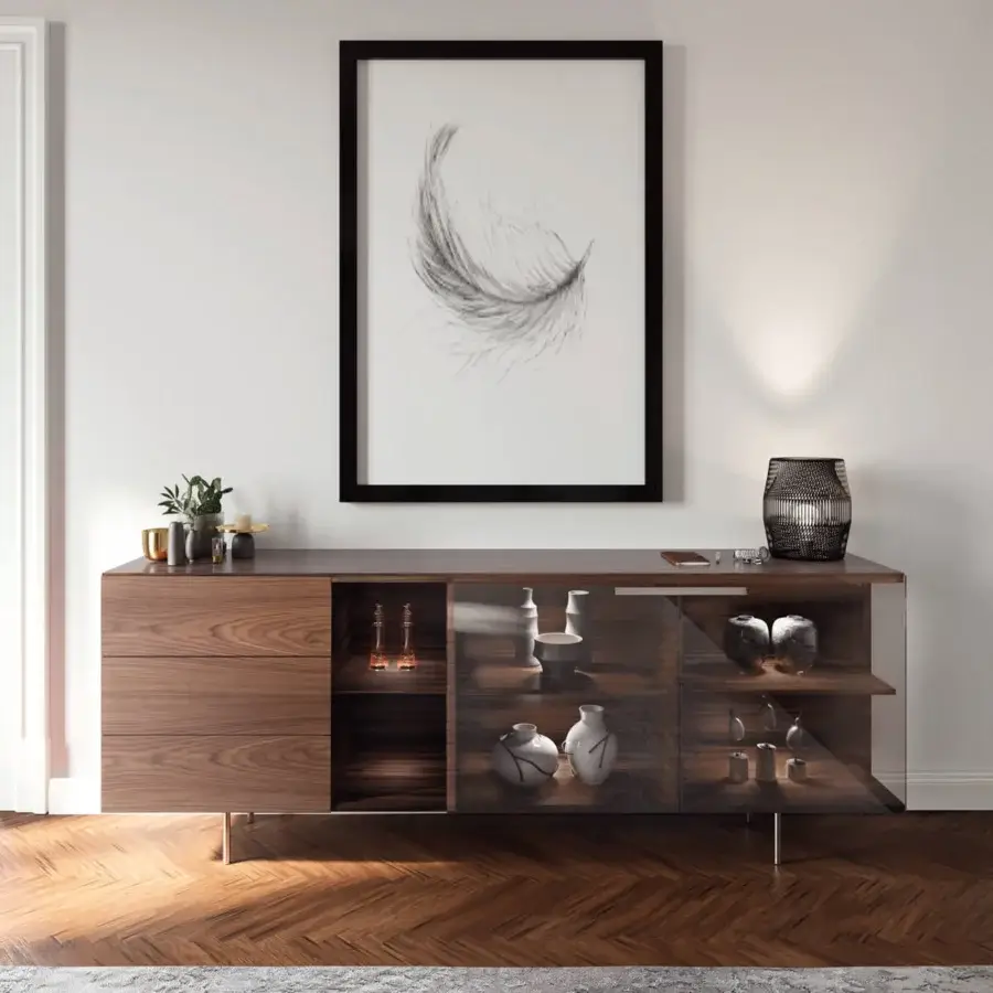 Superior Pacini & Cappellini Star sideboard crafted in dark brown veneered wood with brushed brass painted metal and transparent glass
