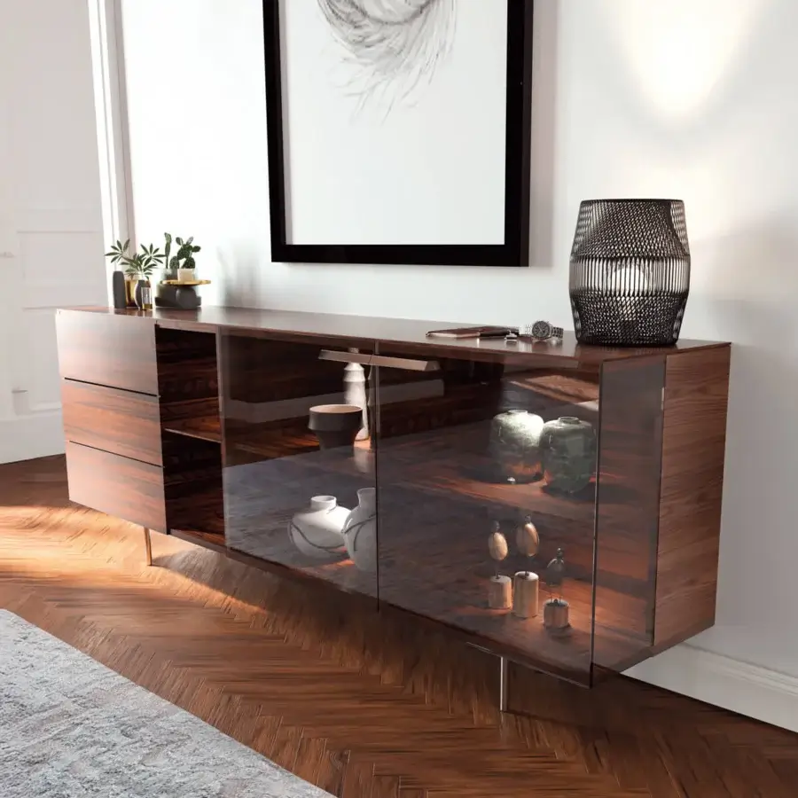Captivating Pacini & Cappellini Star sideboard with clear glass doors and glossy dark brown veneered wood finish