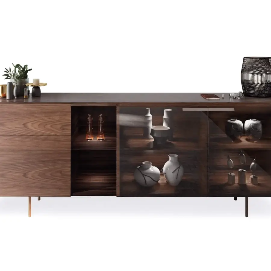 Sophisticated Pacini & Cappellini Star sideboard with veneered wood, clear glass, and a brushed brass-colored metal base