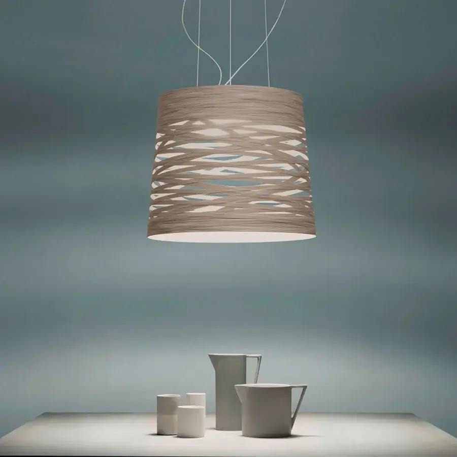 Distinguished Foscarini Tress Grande suspension lamp with a light brown woven fiberglass shade and chromed metal frame