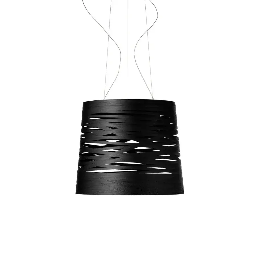 Distinguished Foscarini Tress Grande suspension lamp with interwoven black fiberglass-based composite material and liquid coated finish