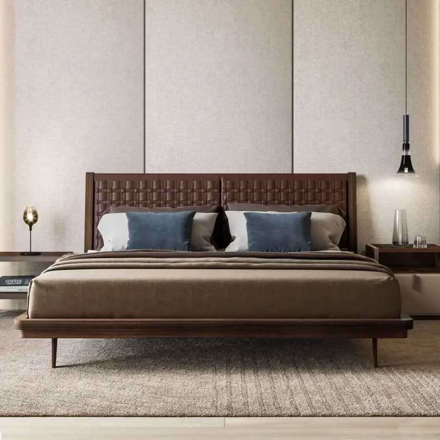 Sophisticated Turri Net bed with original saddle weaving and slender legs in a medium-brown wooden finish