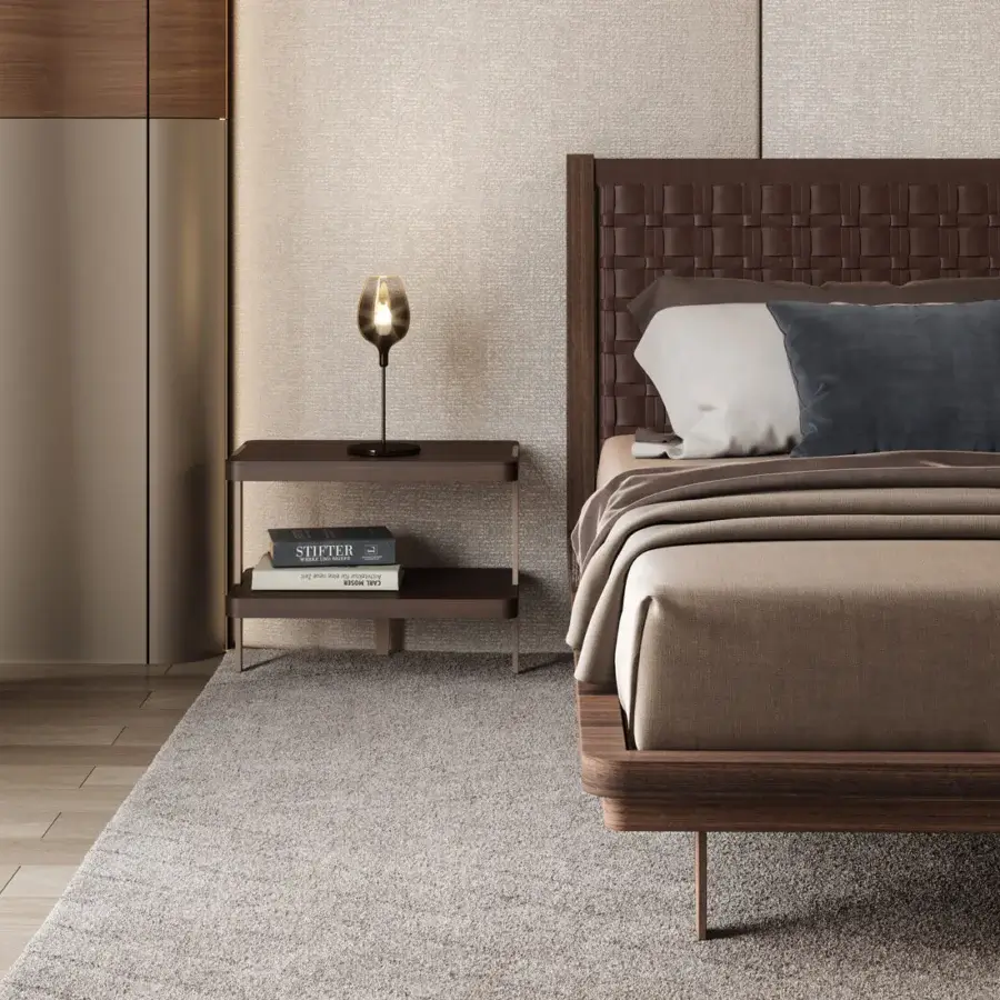 Exceptional Turri Net bed with original saddle weaving and warm medium-toned brown wood finish complemented by tan textiles
