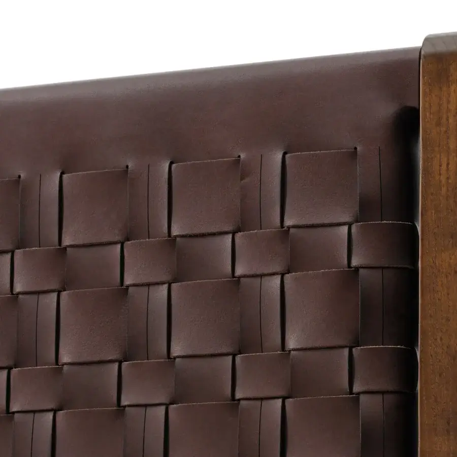 Elegant Turri Net bed with dark brown matte leather saddle weaving and smooth medium brown wood frame