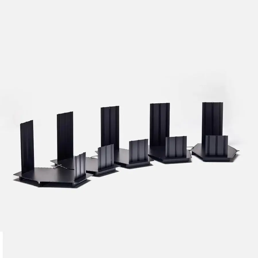 Elegant LaCividina Osaka bench with modular design upholstered in stretch fabric and dark matte metal octagonal bases