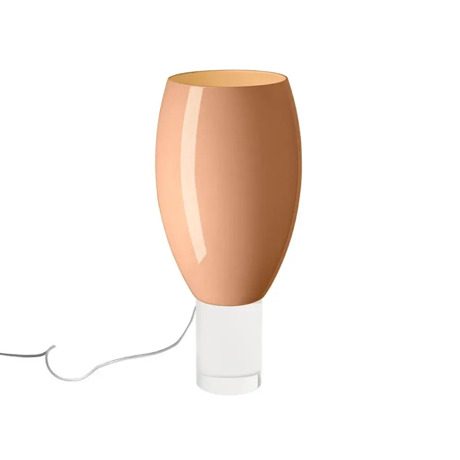 Foscarini Buds table lamp, pink gloss shade, oval form, white translucent base, modern minimalist design, studio lighting.