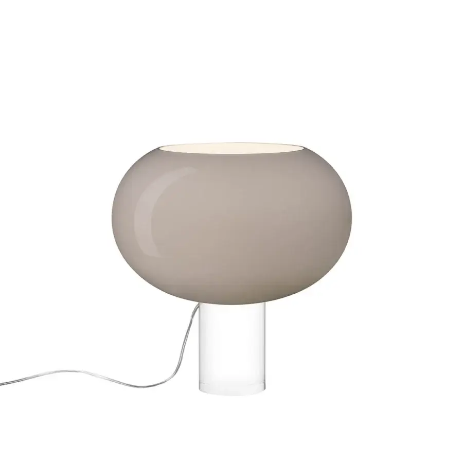Foscarini Buds table lamp, gray, with rounded shade and translucent white cylindrical base, black cord, studio shot.
