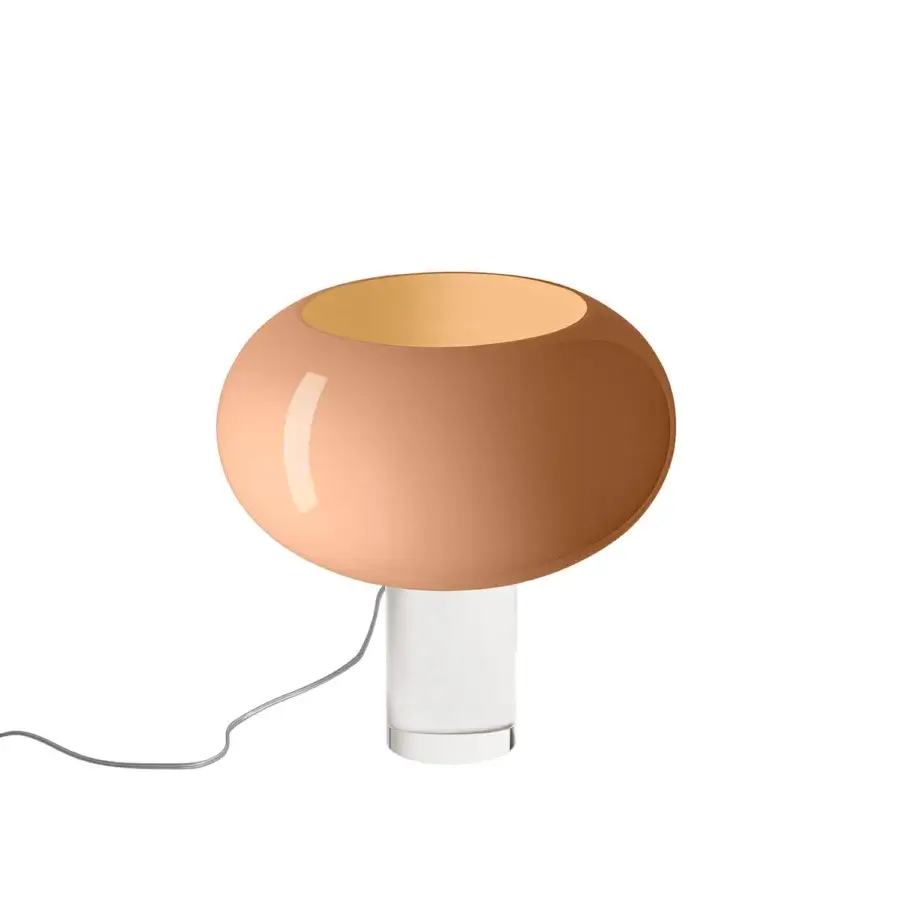 Foscarini Buds table lamp, pink, mushroom-shaped shade with glossy finish and silver circular base, gray cord visible.