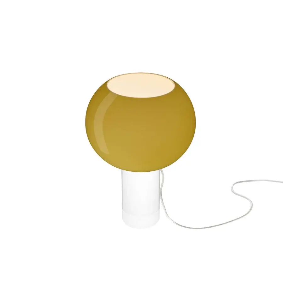 Foscarini Buds table lamp, bamboo green, spherical lampshade with white cylindrical base and curved cord, studio shot.