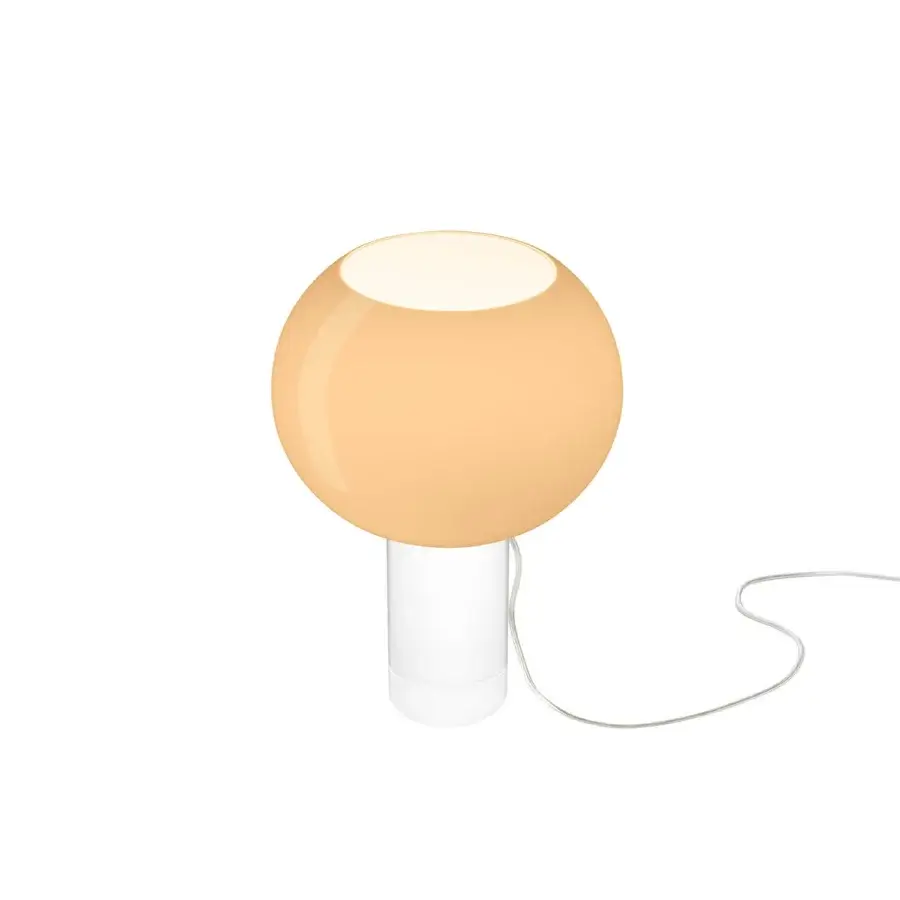 Foscarini Buds table lamp, orange opaque shade, white cylindrical base, minimalist design, studio lighting, soft glow.