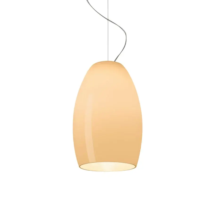Elegant Foscarini Buds suspension lamp with organic elongated form crafted from hand-blown cased glass in warm light-yellow with glossy finish