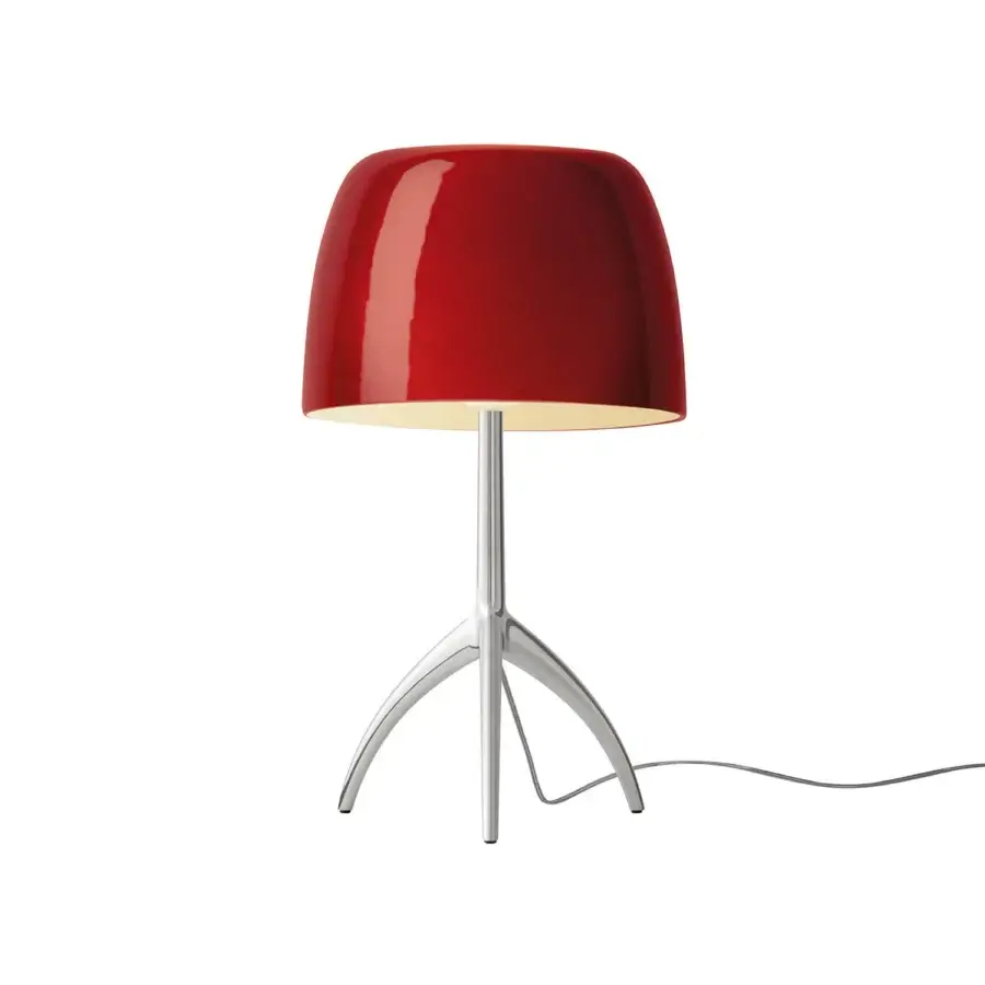 Foscarini Lumiere Grande table lamp, cherry aluminum, large rounded shade with polished aluminum tripod base.