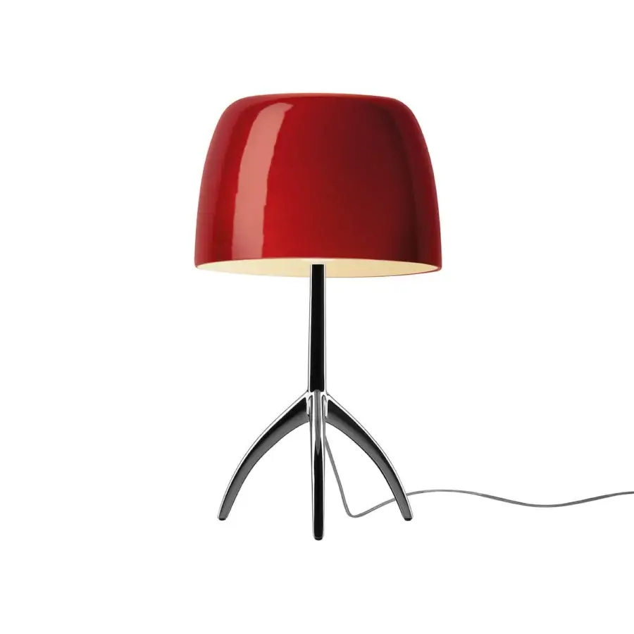 Foscarini Lumiere Grande table lamp, cherry black finish, large dome shade, chrome stem, tripod base, modern sculptural design.