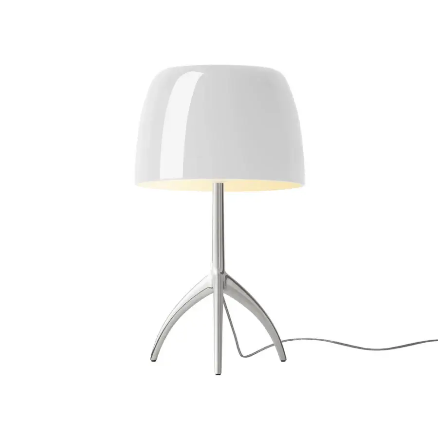 Foscarini Lumiere Grande table lamp, white aluminum, large rounded shade with polished aluminum tripod base and slender cylindrical stem.
