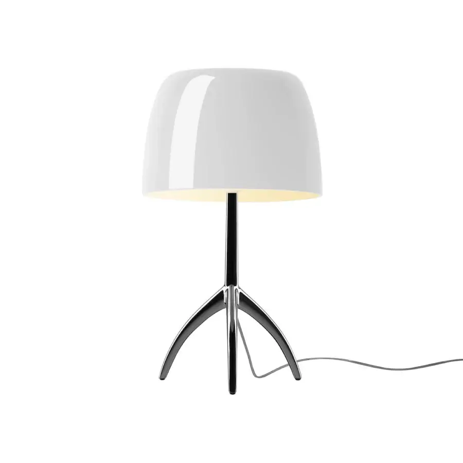 Foscarini Lumiere Grande table lamp, white lampshade, black stem and tripod base, minimalist modern design, studio lighting.