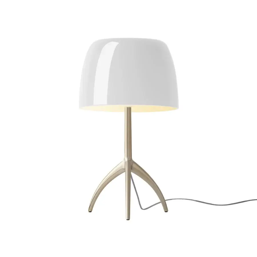 Foscarini Lumiere Grande table lamp, white champagne, large rounded shade with glossy finish and tripod metallic base.