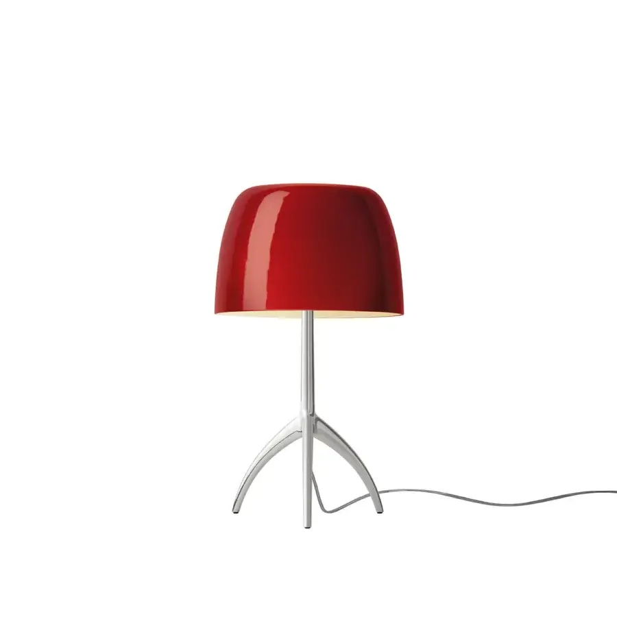 Foscarini Lumiere Piccola table lamp, cherry aluminum, flared red shade with polished silver stem and three-leg base.