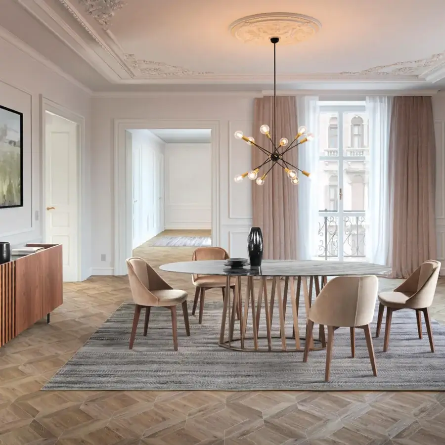 Distinguished Pacini & Cappellini Cosmo table with greyish veneered wood and a bronze-colored metal ring built with evenly spaced wooden slats
