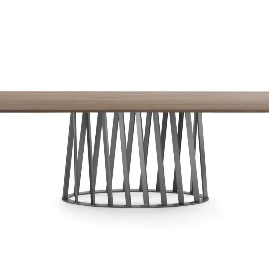 Elegant Pacini & Cappellini Cosmo table with medium-toned brown veneered wood and a dark gray painted metal base featuring rounded lines