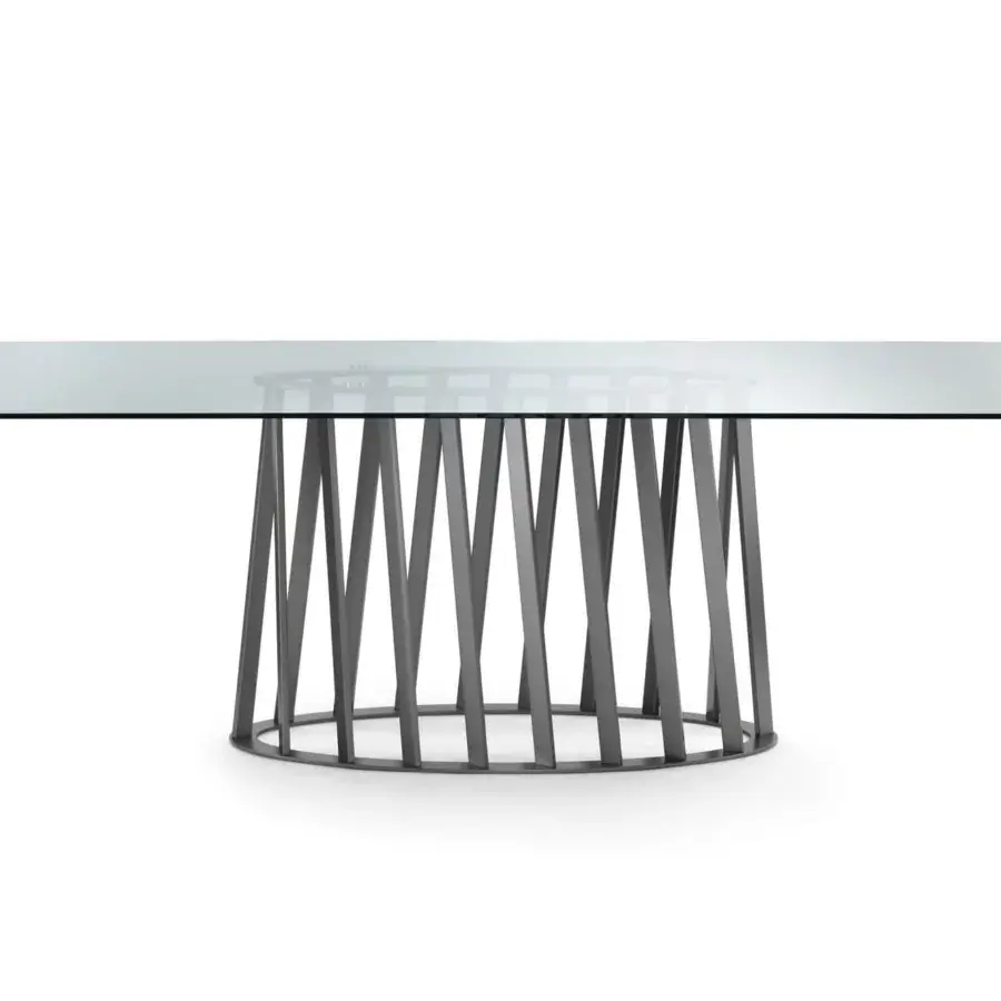 Distinguished Pacini & Cappellini Cosmo table with light tempered glass and a gray painted metal base crafted in Italy